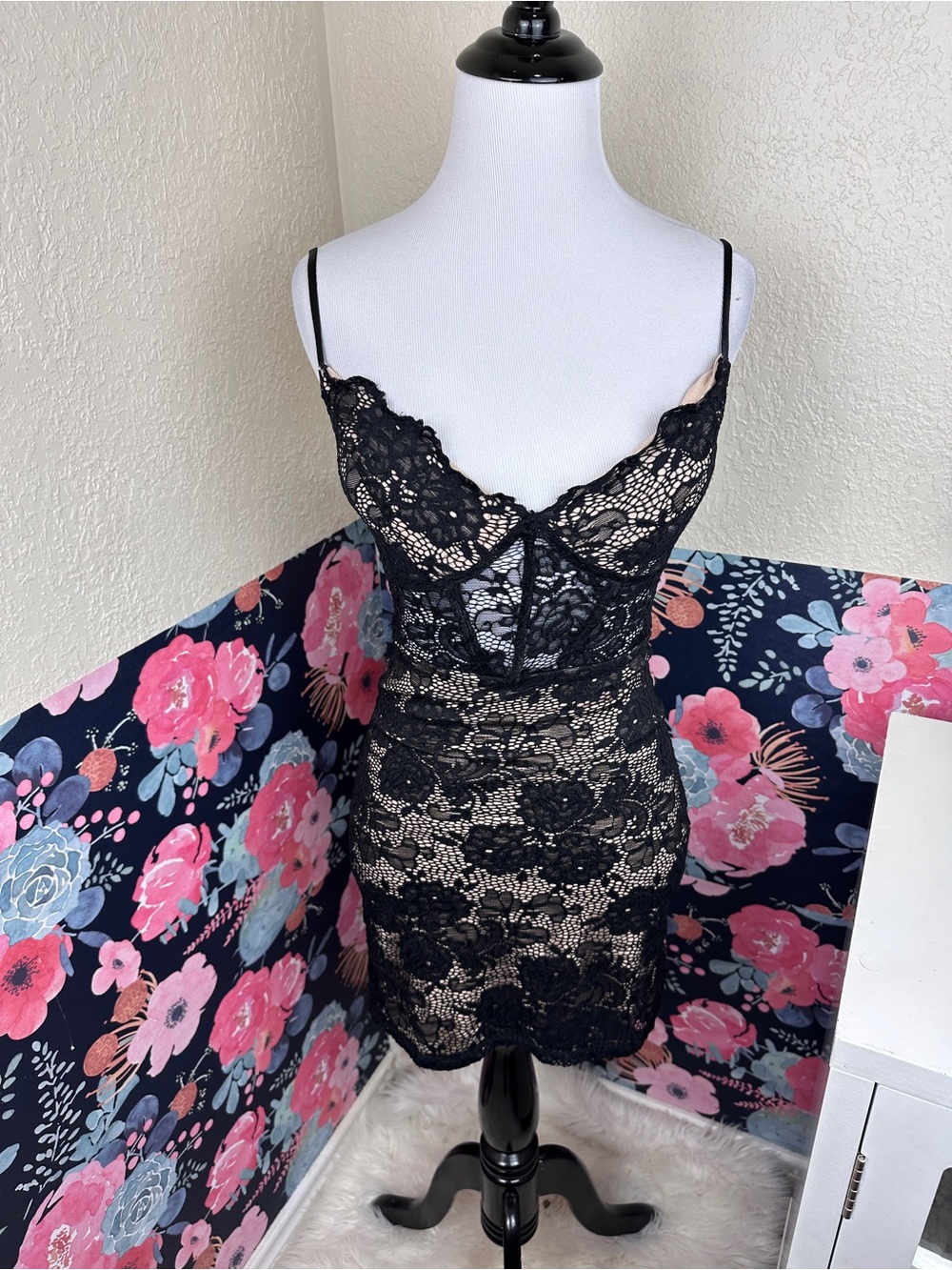 Y2K Vintage B Darlin Black Lace Overlay Nude Illusion MIni Dress Size 0